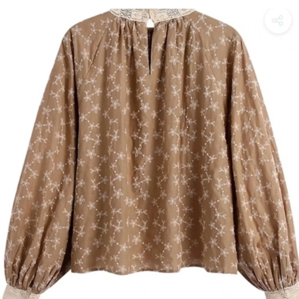 Zara Cotton Embroidered‎ Lace-Trim Puff Sleeve Blouse Snall Cottagecore